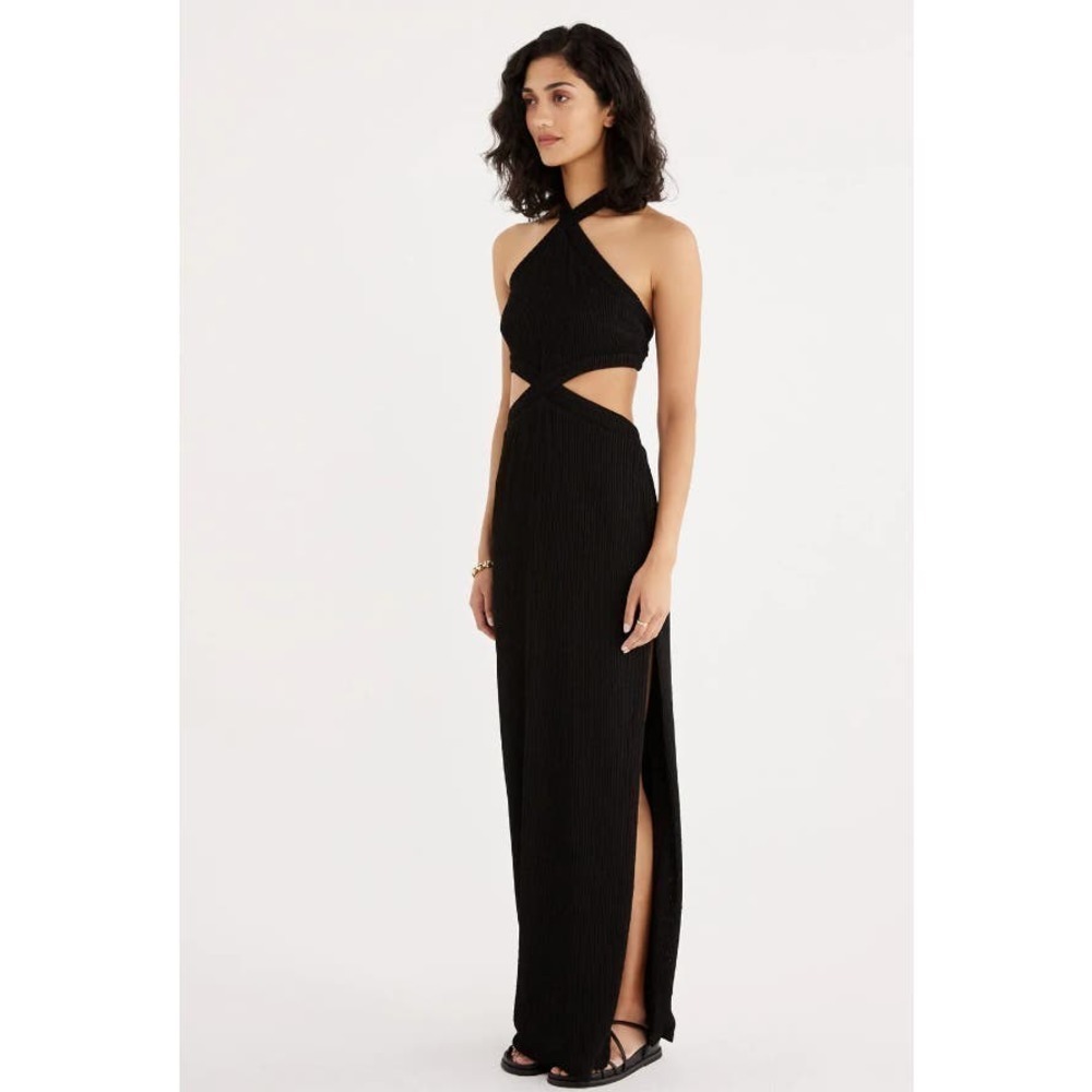 Rumer Women's Cassidy Ribbed Cutout Side Split Halter Maxi Dress Sz XS Black NWT